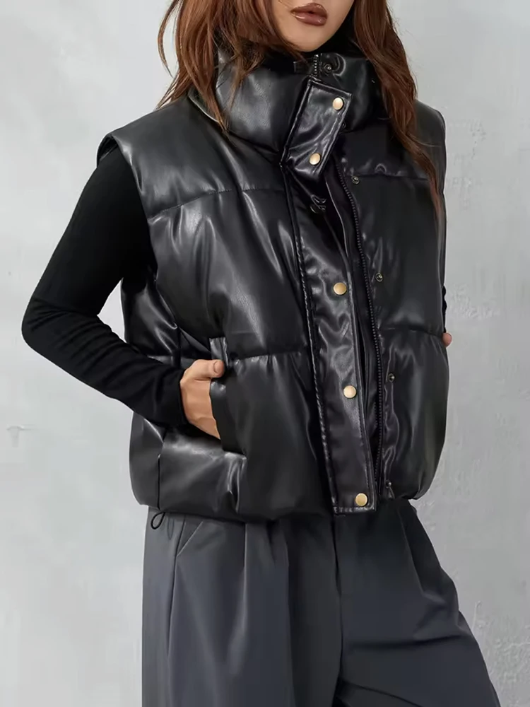 Spring Autumn Leather Vest Women Female Sleeveless Waterproof Jacket Women Puffy Down Waistcoat PU Puffer O-neck Vest Winter