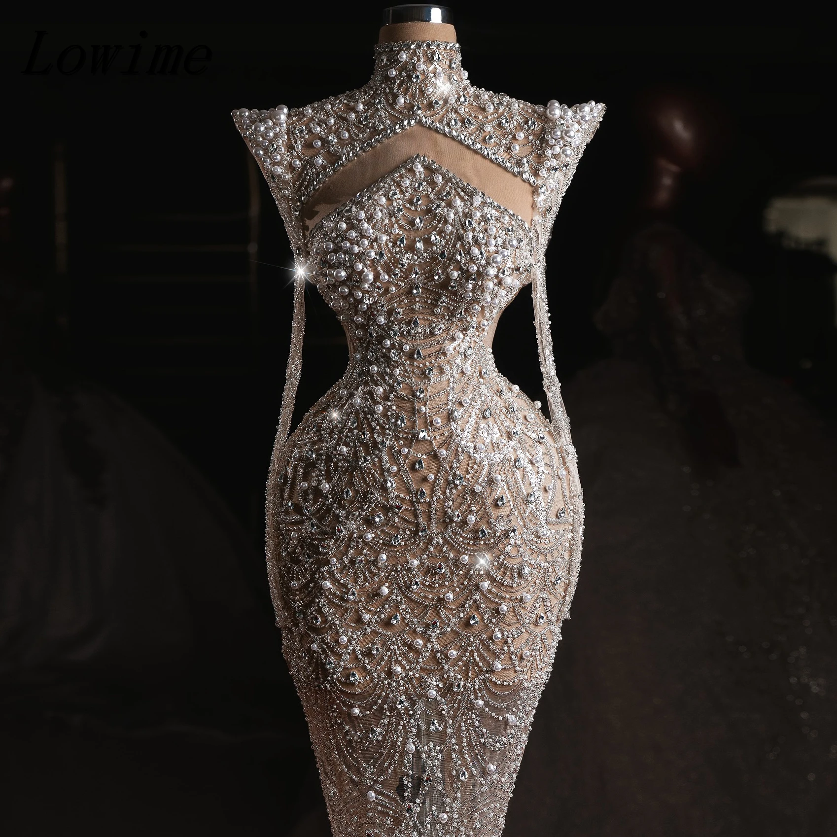 

Sexy Sliver High Neck Mermaid Evening Dress With White Pearls Corset Floor Length Prom Party Gowns Customized