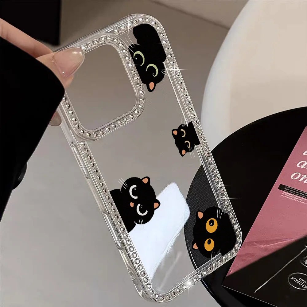 Diamond Lanyard Phone Case For iPhone 17 16 Pro Max 11 13 15 14 12 Air 17promax Transparent Shockproof Cat Painted Cover Funda