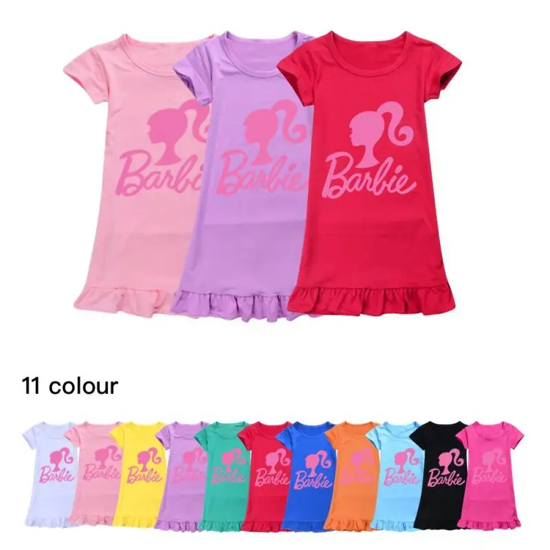 Kawaii Anime Barbie Girls Short-Sleeved Dress Cute Ice Silk Short-Sleeved Nightgown Summer Children Cartoon Home Clothes Gifts