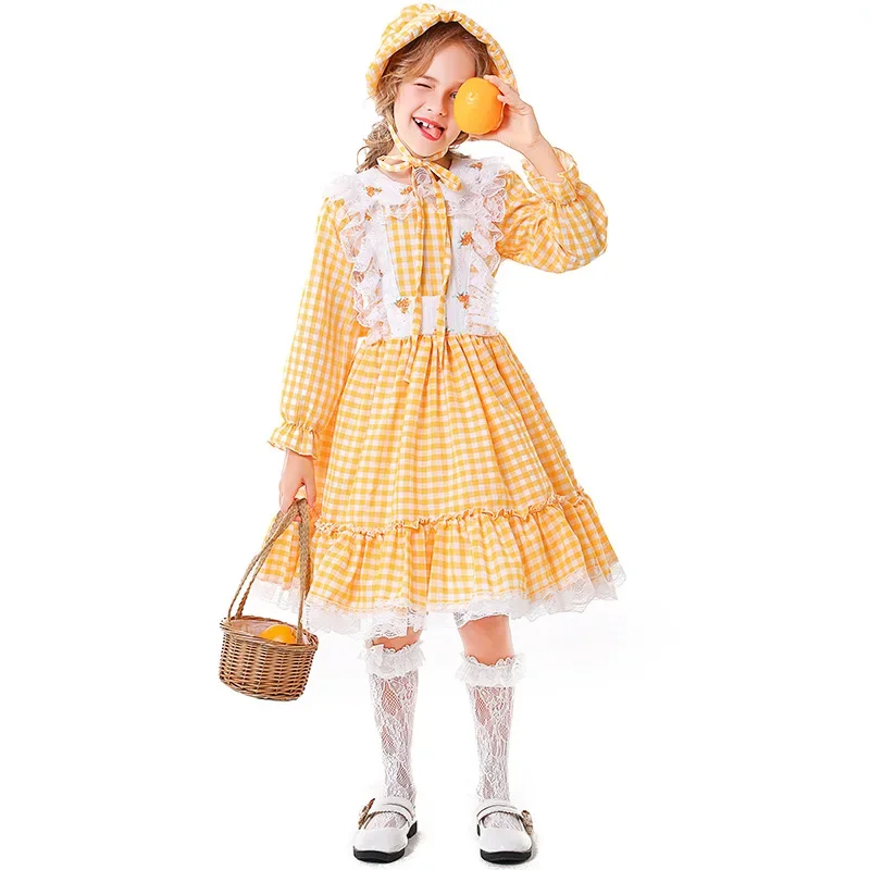 Umorden Child Kids Yellow Plaid Rural Farm Prairie Girl Dress Floral Apron Colonial Pioneer Girl Costume for Girls With Hat