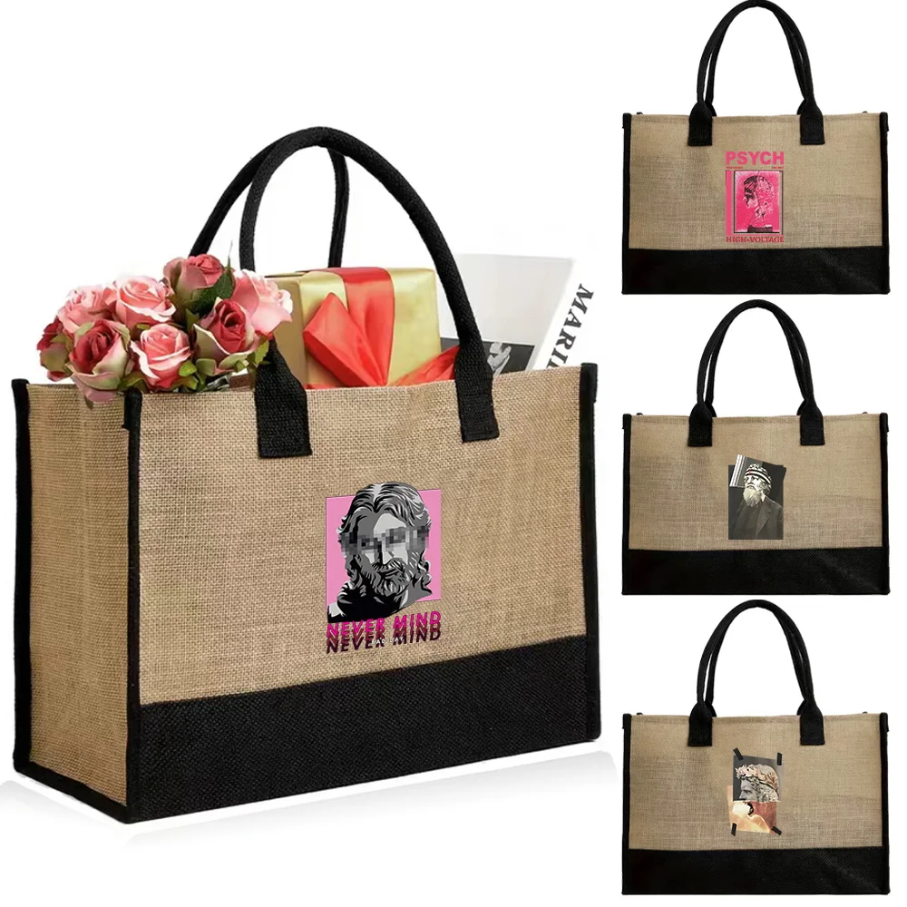 Tote Bags Women Linen Shopper Large Summer Beach Shopping Handbags Portable Eco Jute Bag 2025 Printing Sculpture Series