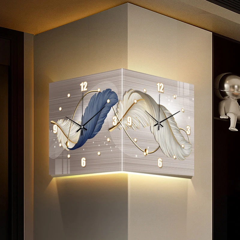 crylic Feather Double Sided Corner Wall Clock, Modern LED Light Wall Watch Home Art Decoration