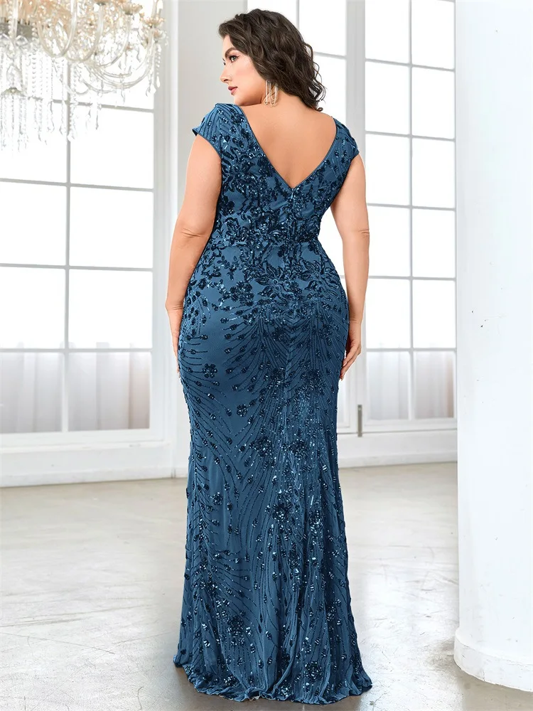 Plus Size New Style Sequin V-neck Banquet Evening Dress with a slim-fit fishtail skirt/Elegent Mother Dress1543