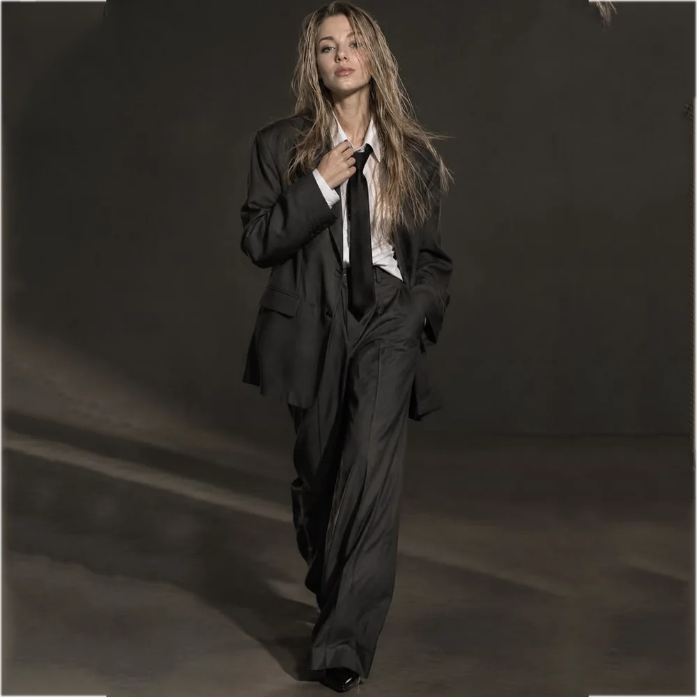 Women Oversized Blazer Suit Set 2 Pieces Wide Leg Pants Peak Lapel Single Breasted Elegant Business Office Formal Outfit