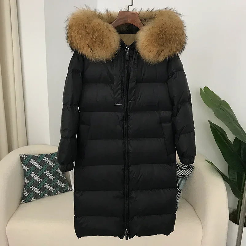 MENINA BONITA 2023 New Long Jacket Real Raccoon Fox Fur Collar Hooded Winter Women White Duck Down  Female Coat Luxury Outerwear