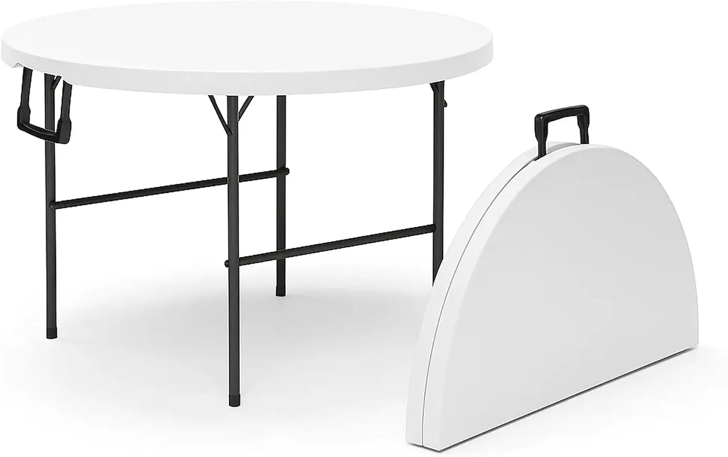 Round Folding Table Utility Dining Desk For Indoor Outdoor Picnic Party Camping Backyard, Heavy Duty Plastic Top Surface Frame With Carry Handle And Steel Legs, Modern Style, White, 2 Pieces