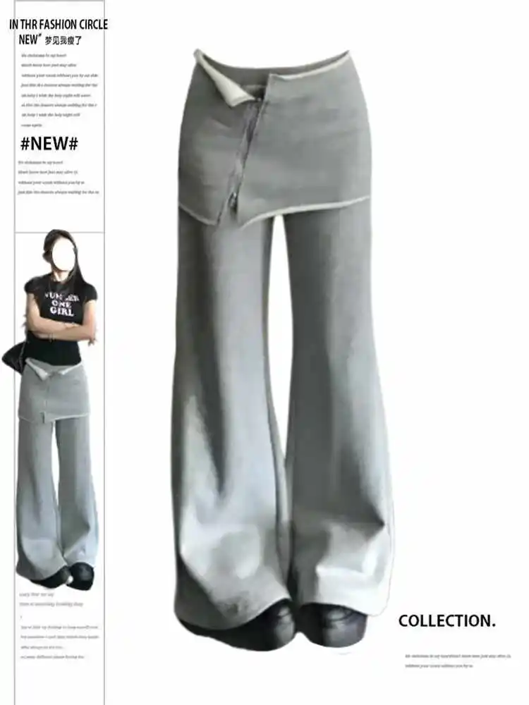 Women Design Flare Pants Y2k Fake Two Pieces Baggy Low Rise Long Trousers 2000s Korean Fashion Sweat Pants Bell Bottom Tide