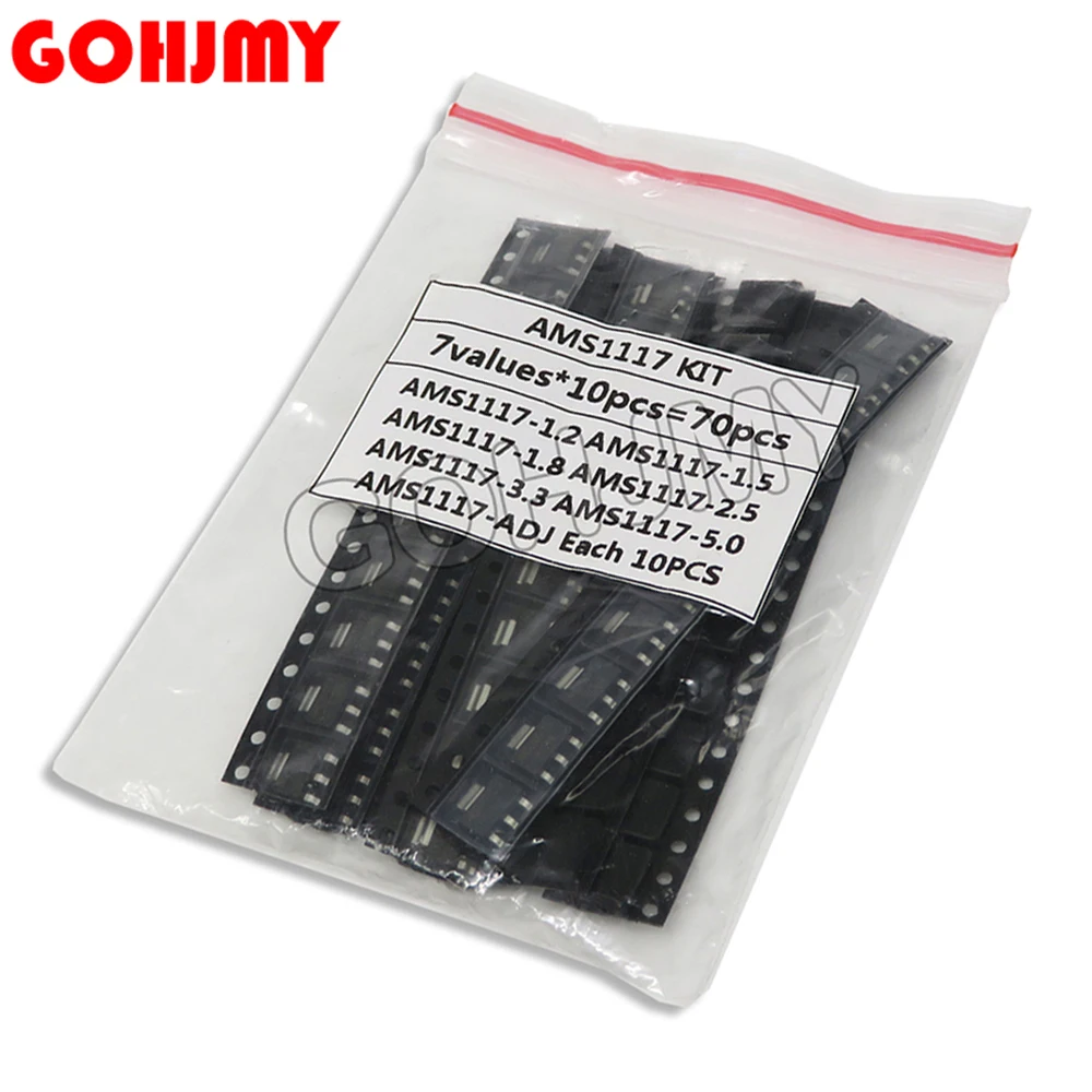 70PCS=7Values AMS1117 ADJ AMS1117-3.3V AMS1117-5.0 AMS1117-ADJ Voltage Regulator Kit 1.2V 1.5V 1.8V 2.5V 3.3V 5.0V Each 10PCS