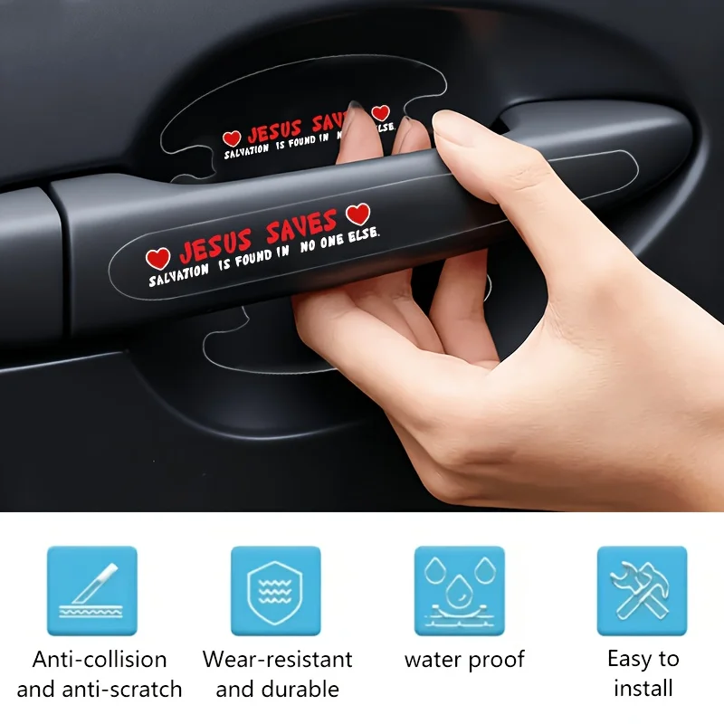 Lot de 8 autocollants durables et lavables pour poignées de porte de voiture, motif chrétien Jésus Sauvetage Foi, anti-rayures