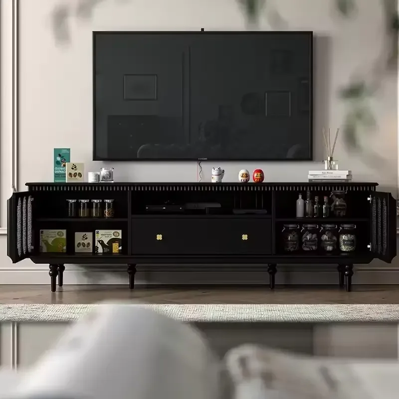 Classic Black Solid Wood TV Cabinet with Woven Rattan Doors and Drawer Lockers for Vintage Living Room Dining Area Furniture
