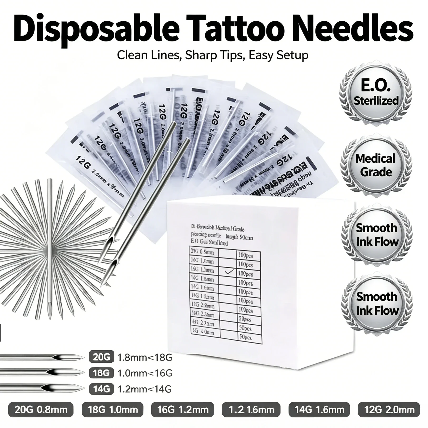 100-5pcs Piercing Needles Disposable 12G 14G 16G 18G 20G Sterile Ear Nose Septum Lip Sharp Hollow Body Piercing Needles Supplies