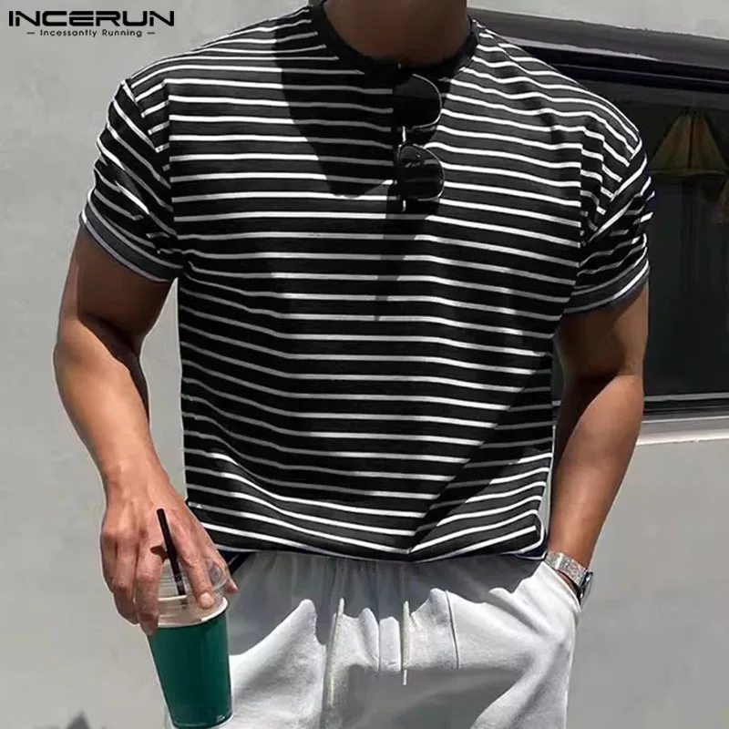 Casual Simple Style Tops INCERUN Men\'s O-neck Striped Shoulder Loose T-shirts Handsome Male Elastic Short Sleeved Camiseta S-5XL