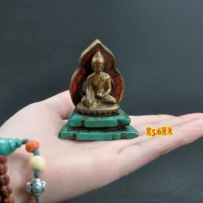 Rare Old Copper & Turquoise Carving A Tibet Buddha Prayer Peace Showily Statue
