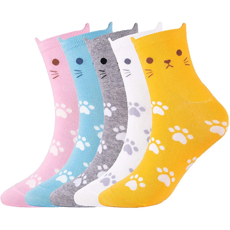 

5Pairs New Casual Harajuku Socks Women Cat Prints Cartoon Animals Cat Pattern Striped Cotton Sock Femme Floor Meias Socks Kawaii