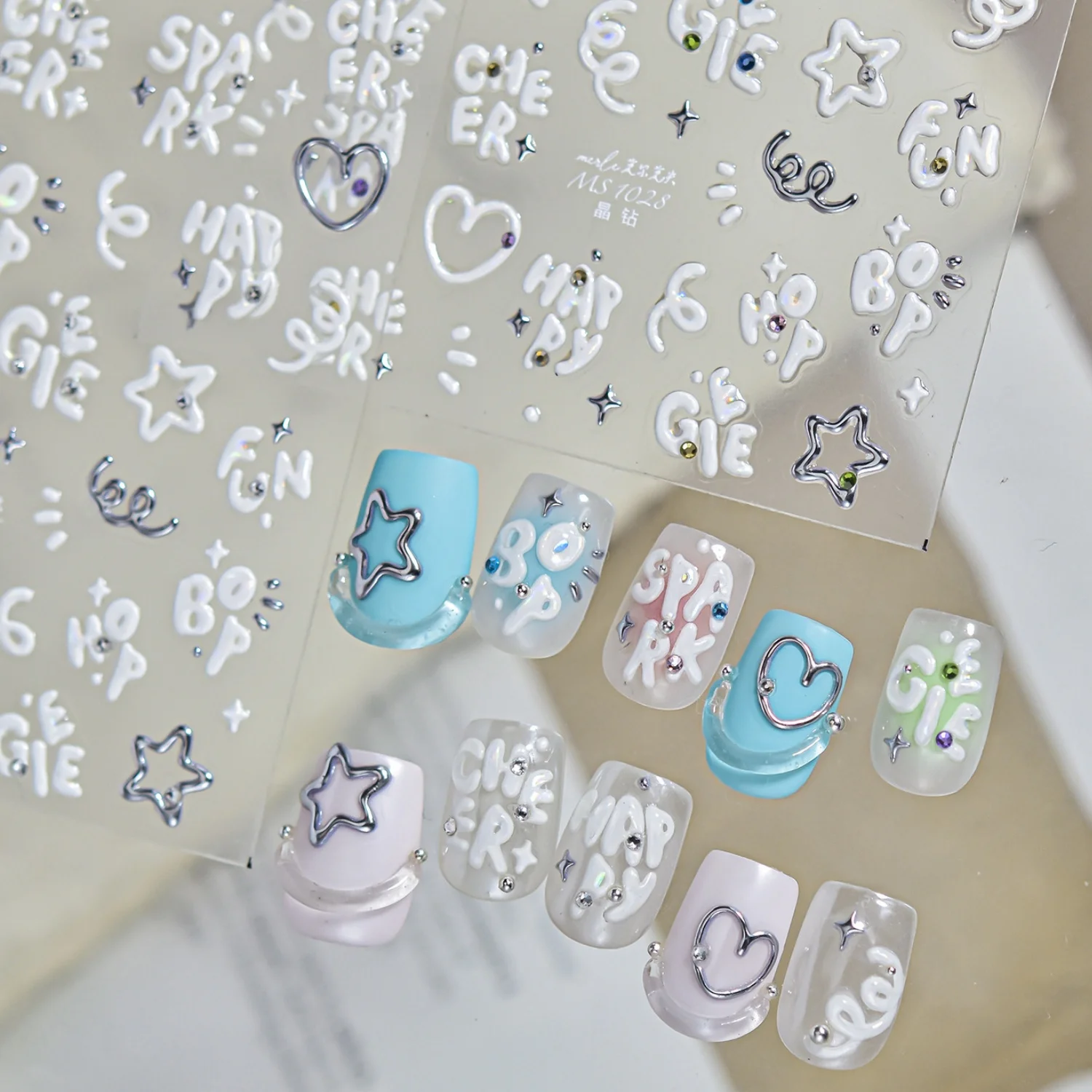Rounded Font Bubble Text 5D Nail Stickers SPARK HAPPY CHEER Hollow Love Heart Four Star Curly Trim Lines Self Adhesive Manicure