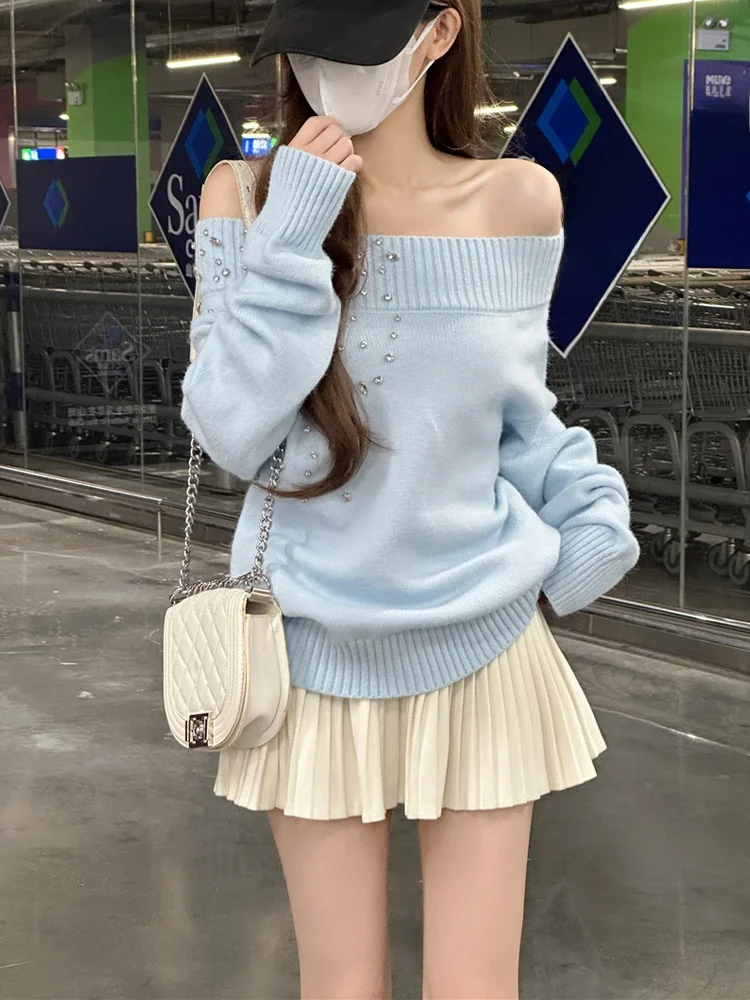 

Spring 2026 Sweet Sli Loose Faionable One oulder Heavy Embellied Long Sve Knitted Sweater Women's Daily Wear