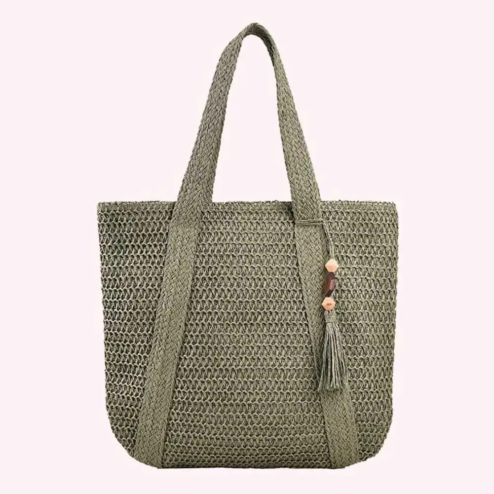 

Ladies Woven Bag Fashion Handmade Simple Hand-Woven Handbags Summer Large Capacity with Tassel Pendant Casual Tote Purses