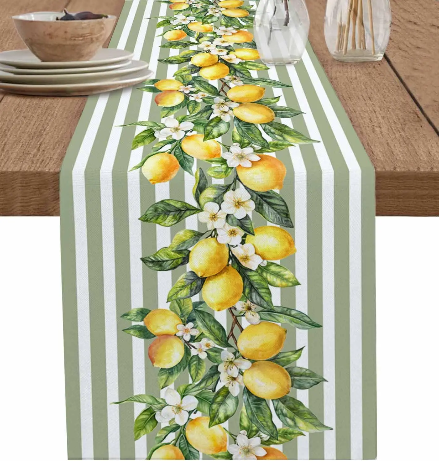 Summer Lemon Fruit Flowers Linen Table Runner Dresser Scarf Decor Green White Striped Table Runners Holiday Kitchen Party Decor