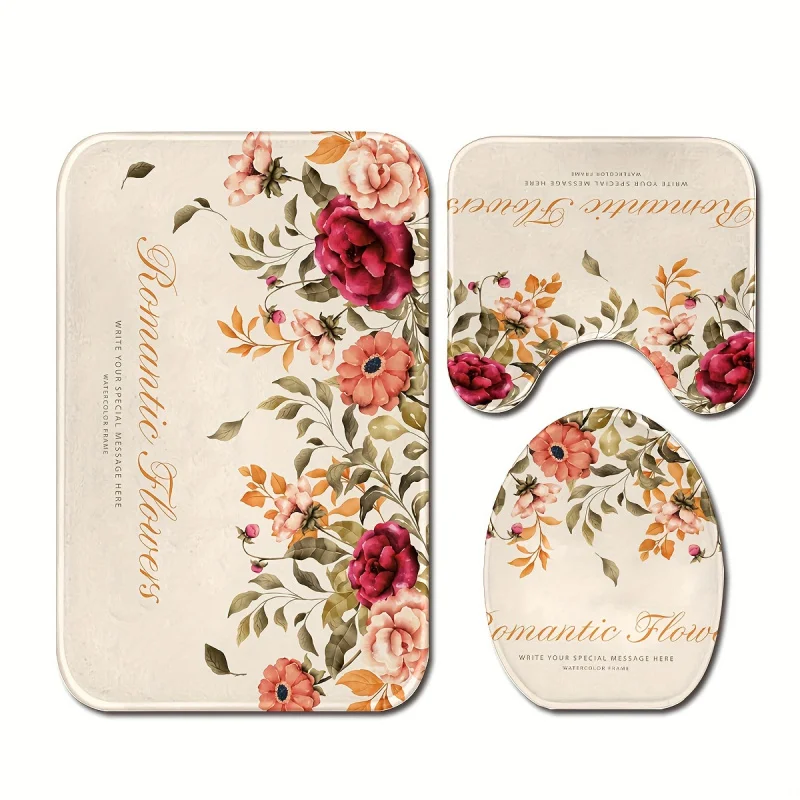 3 pcs/set Romantic Flowers Printed Floor Mat, Three-piece Bathroom Mat Set, Non-slip Mat, Water Absorbent Mat, Toilet Lid Mat, T