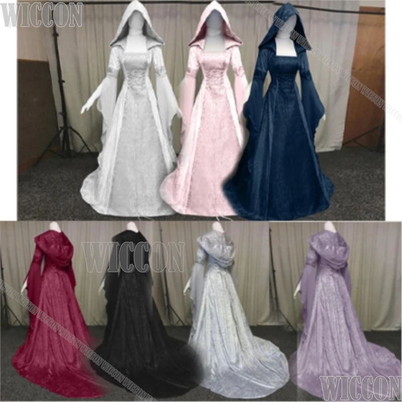 Holloween Cosplay Costume Medieval Vintage Wedding Dress hhooded Tunic Women Girl Dress Cos Party Roleplay Show Black White Pink