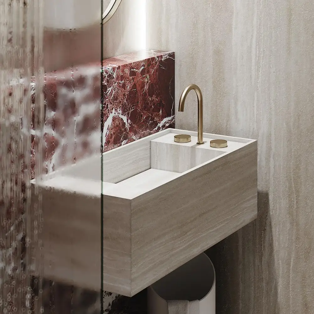 CE Certified Roman Travertine Wall Vanity: Ultra-Slim Edge & Deep Integrated Basin w/ Anti-Mold Seal - Luxury Floating Sink