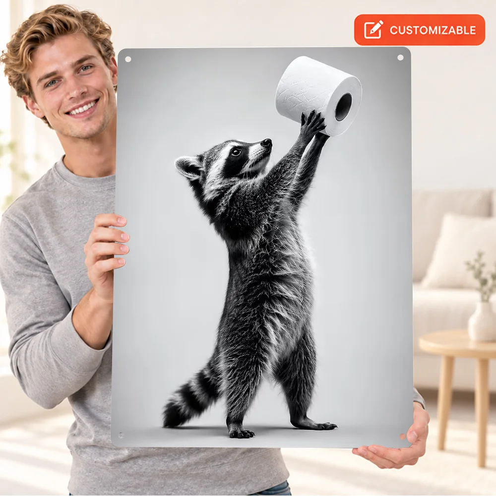 Raccoon Holding Toilet Paper Roll Humor Aluminum Poster Personalized Metal Sign Monochrome Playful Wall Art For Washroom Decor