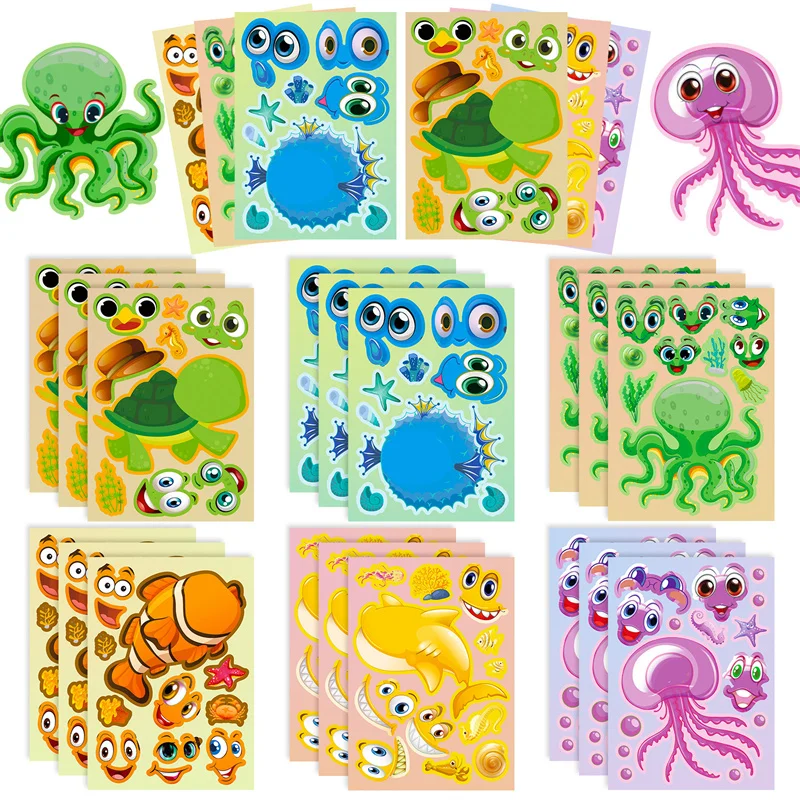 6-24sheets Puzzle Games Make-A-Sea Face Stickers Ocean Animals DIY Art Craft Rewards Stickers for School Kids Party Decorated