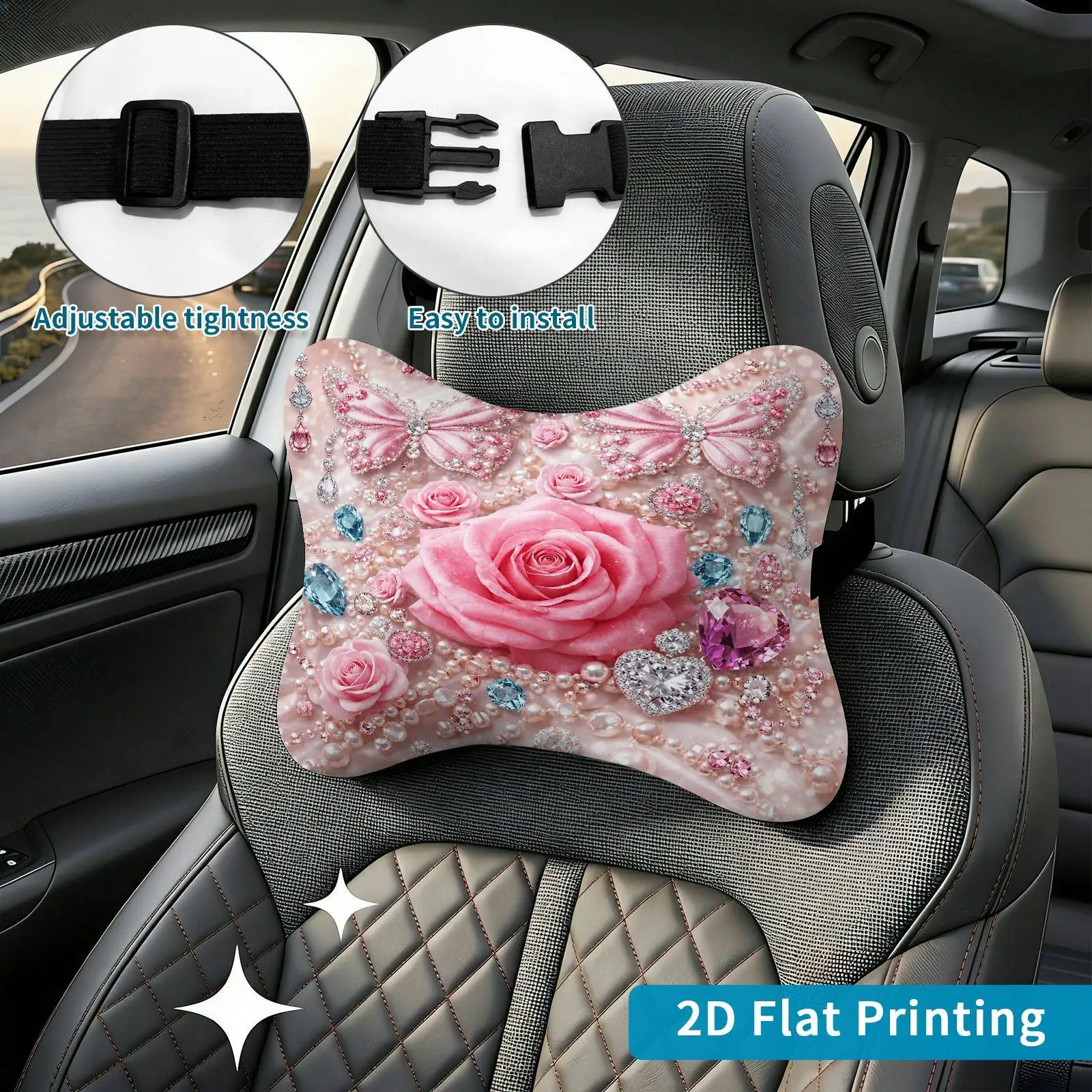2pcs Pink Rose Butterfly Crystal Car Seat Headrest, Neck Support Cushion, Suitable For All Seasons Of Car Additions, Romantic Cr