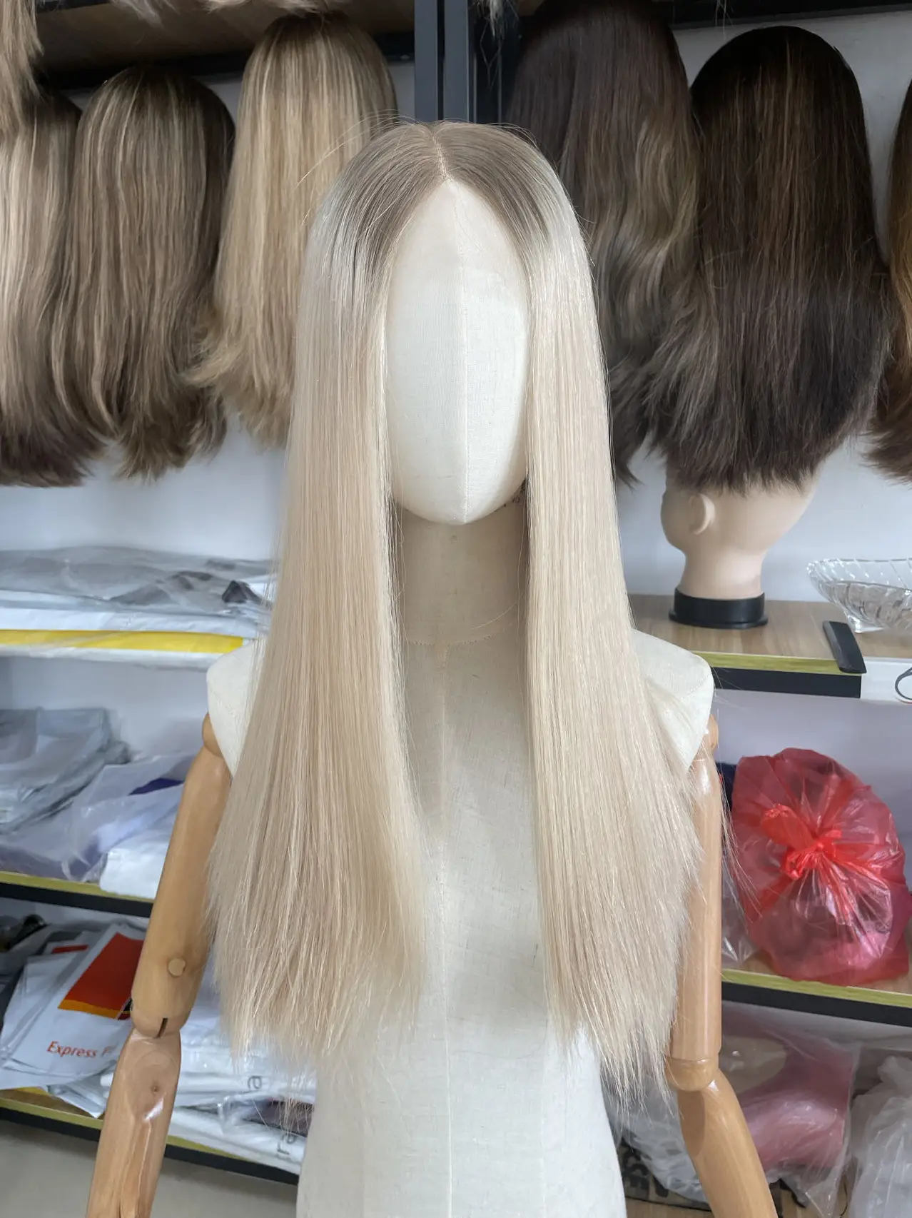 

Yelin Blonde Wig with Ashy Roots Jewish Lace Top Wigs European 100% Human Hair Natural Slik and Soft Kosher Fashion Wigs