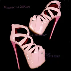 Cross Stripes Hollow Peep Toe Heels Platform Pink Back Zipper Open Sandals Women Casual Leather Heels Cute Girl Party Dance Shoe