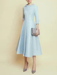A-Line Simple Solid Color Tea-Length Three Quarter Bateau Neck Mother of the Bride Dress Wedding Guest