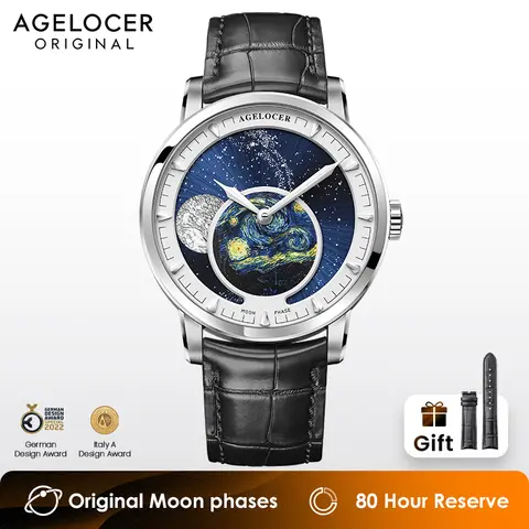 AGELOCER Original Astronomer Watch Van Gogh Oil Painting Men Luxury Automatic Mechanical Moon Phase Watch Birthday Gift for Men