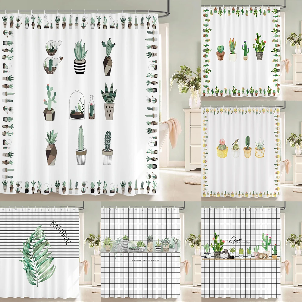 

Tropical Plant Cactus Shower Curtain 180cm *180cm with Hooks, Floral Waterproof Shower Curtain, Shower Curtains for Bathroom