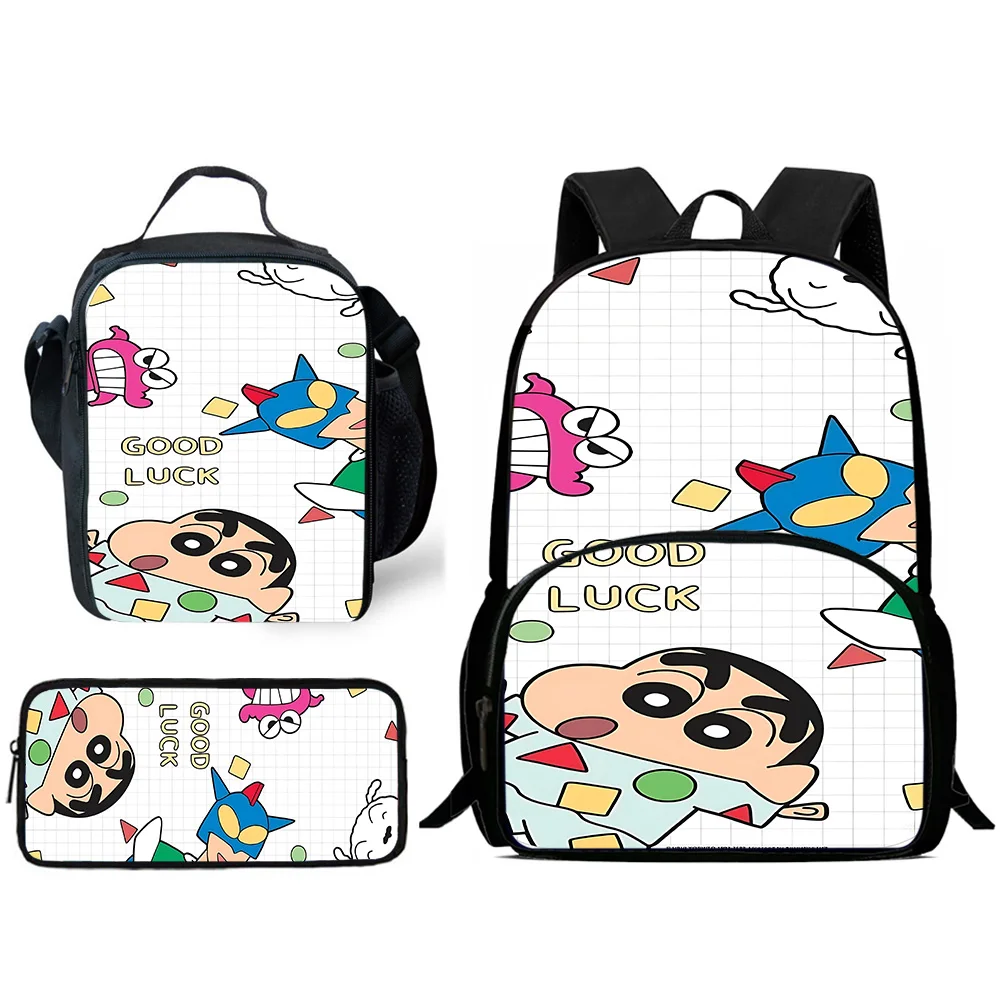 Crayons Shinchans Anime Mochilas para criança, estojo de lápis, sacos escolares de grande capacidade para meninos e meninas, lancheira, melhor presente, conjunto 3pcs