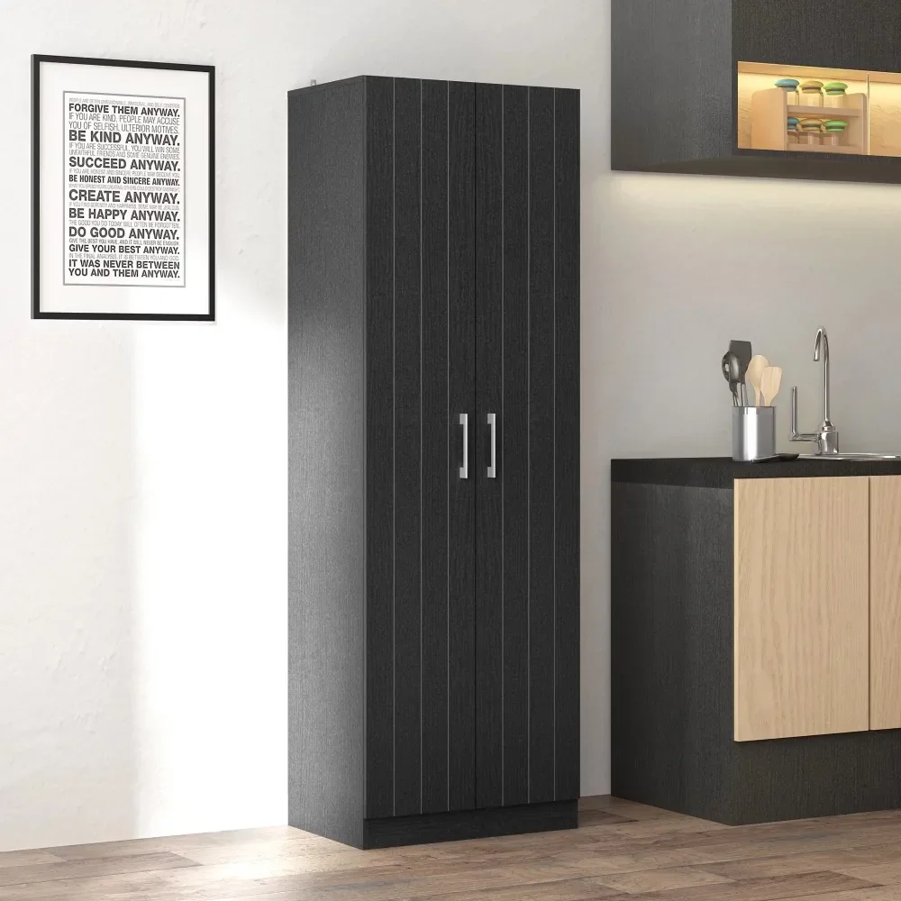 2023 New Woven Paths Lancaster Wood Kitchen Pantry with 2 Doors and 4 Shelves, Black Oak