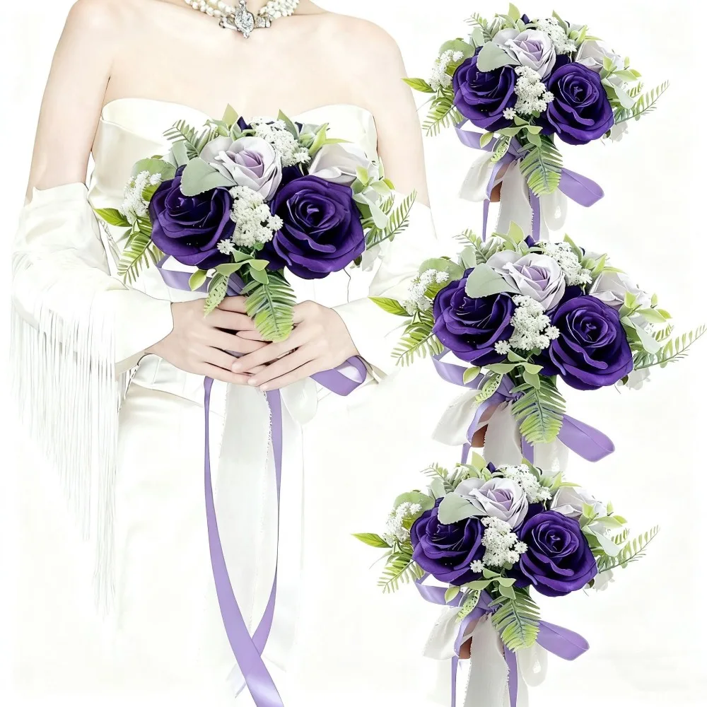 

Purple Artificial Flowers Silk Rose Flower Bouquets Men Groom Boutonniere Wedding Party Decorations