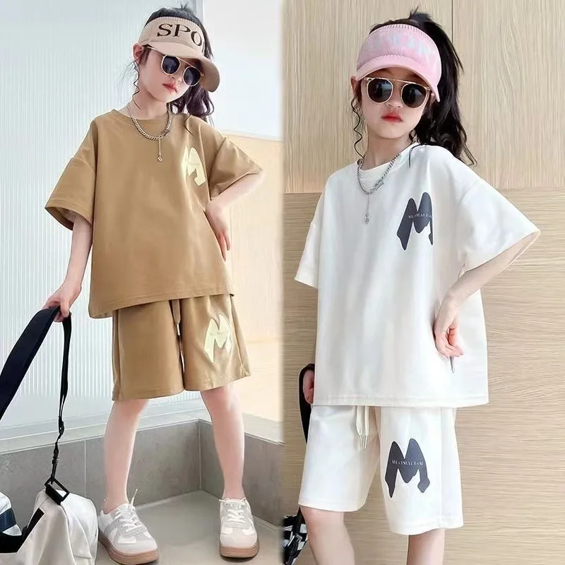 Summer Girls Alphabet T-Shirt Tops+Drawstring Shorts Pant Workout Sets School Kids 2PCS Tracksuit Children Jogging Outfit 5-16Yr