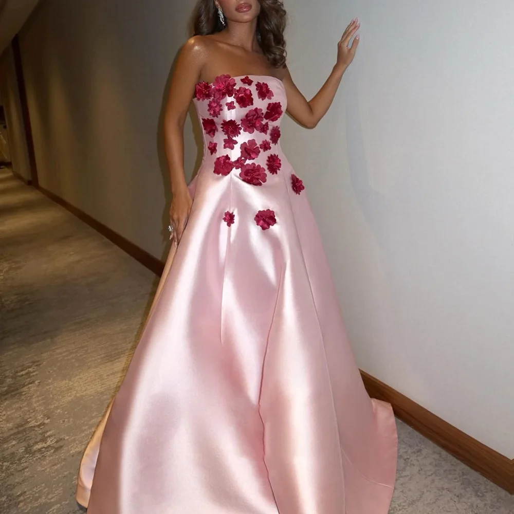 Vestidos de Noche elegantes con flores en 3D, vestidos de fiesta rosas sin tirantes y sin mangas, vestidos de fiesta drapeados con tren de barrido elegante para mujer