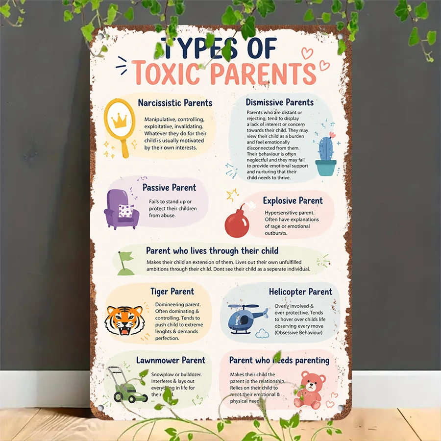 2D flat retro metal tin plate,  Types of Toxic Parents Vintage Tin Sign, Suitable for home, garage, café, bar and garden decoration