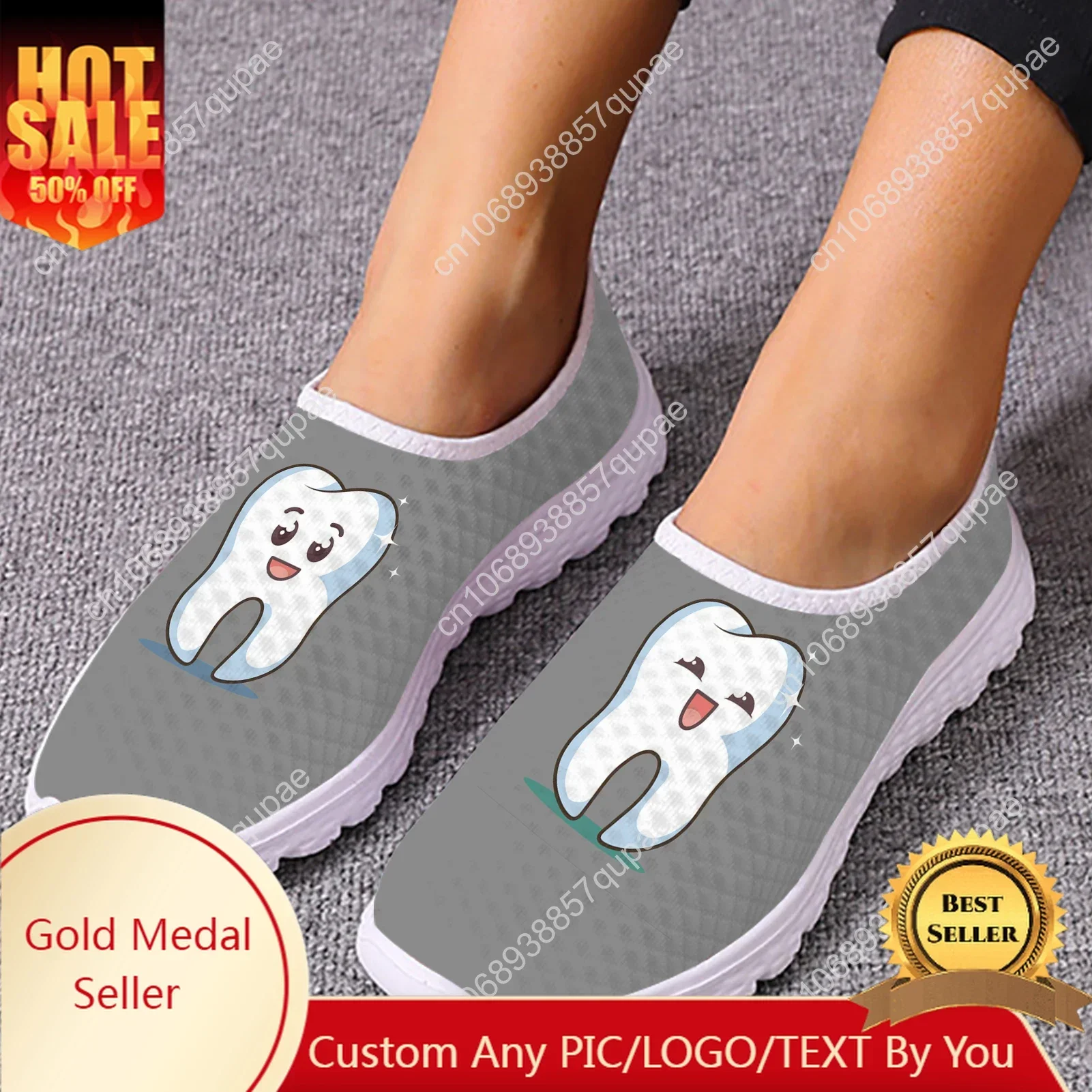 

Lovely Cartoon Tooth Pattern Mesh High Quality Sneakers Women Men Teenager Casual Fashion Custom Made Tennis Flat Couple Shoes