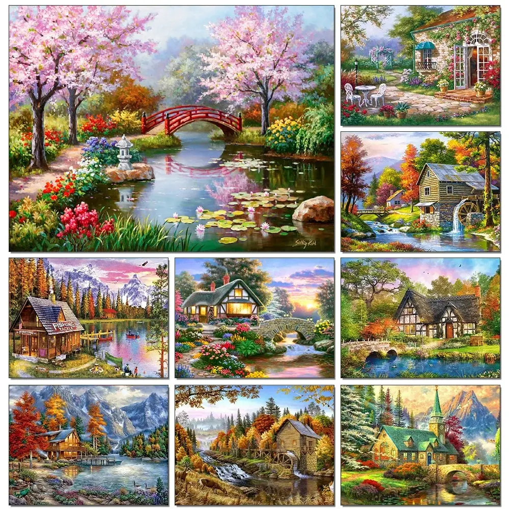 

5D DIY Diamond Painting Landscape House Full Round Drill Embroidery Forest Scenery Cross Stitch Set Art Home Decor Gift