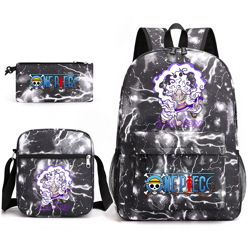 Mochila Escolar con Estampado de Anime de One Piece Luffy, Juego 3 en 1, Bolsa de Hombro, Estuche para Lápices, para Niños y Niñas