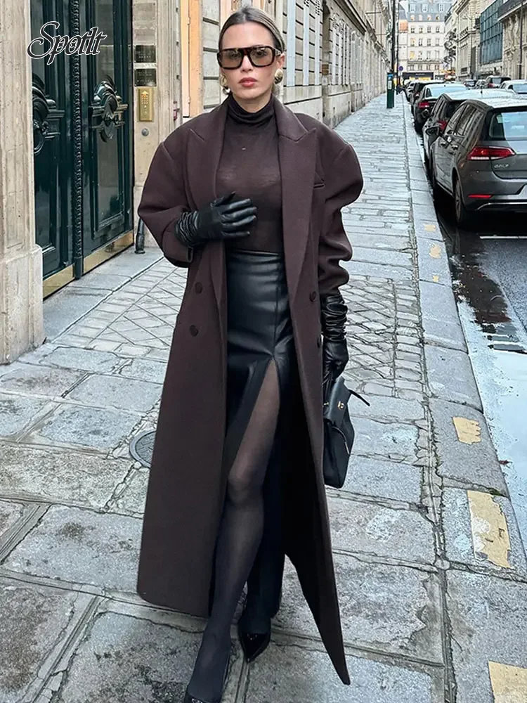 

Elegant Double-breasted Padded Shoulder Overcoat Women Lapel Fashion Long Sleeve Casual Coats Fall Winter Lady High Streetwear