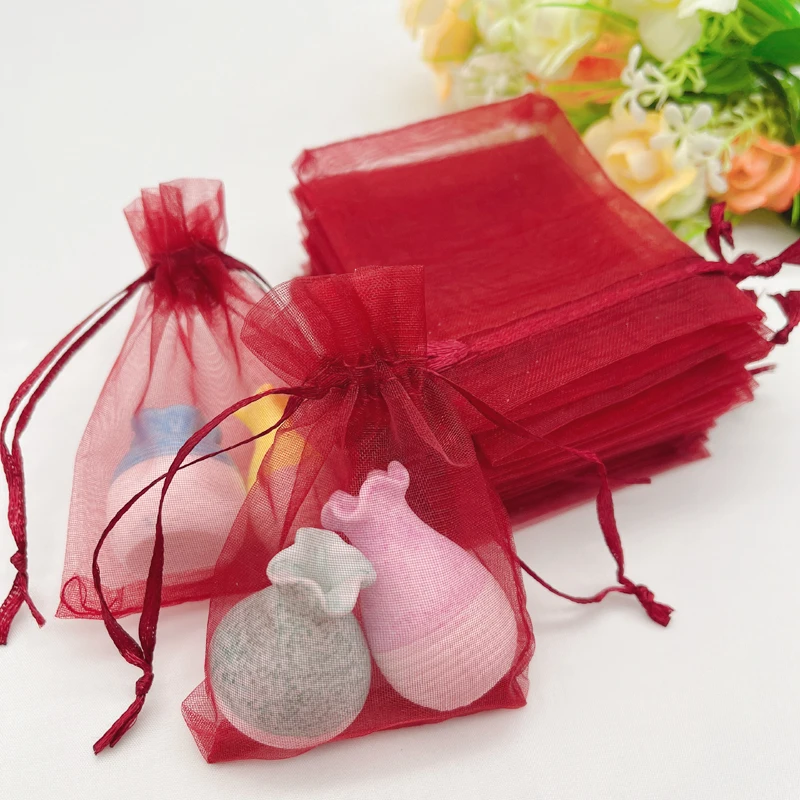 Burgundy Wine Red Gift Bag, Wedding Packaging Jewelry Drawstring Storage Bags, Mesh Pouch, Organza Gift Sac, 100Pcs