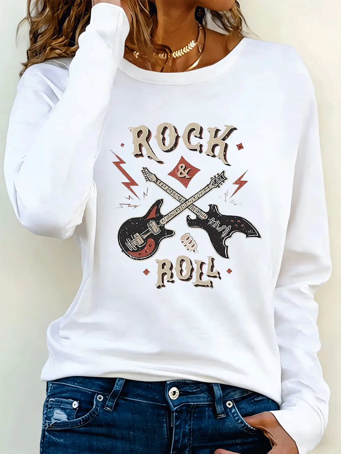 Women's Vintage Rock Music T-Shirt Long Sleeve Guitar and Lightning Bolt Print T Shirt Casual Fahion Cheap Tops Clothes Female