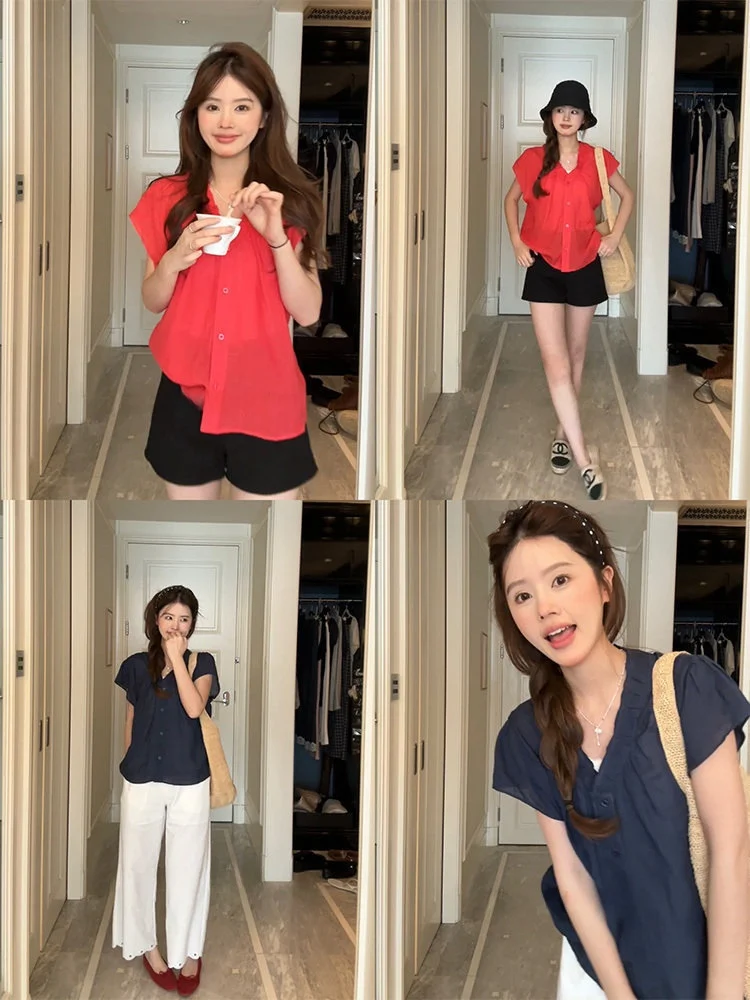 

HuaHua Casual V-ne Linen irt Soft Pure Color Loose Fit Summer Faion Small Top Chinese Production Thin ort Sve