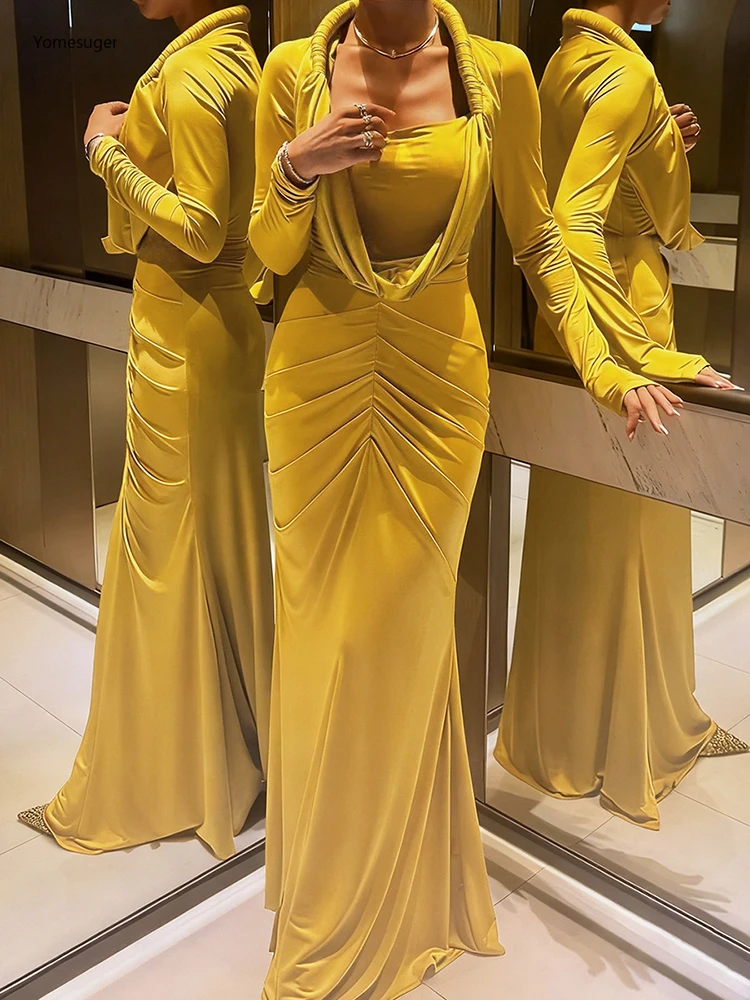 Yomesugar élégant froncé longues robes femme Hipster Sexy col pivotant manches longues maigre robes minuit bal fête Clubwear