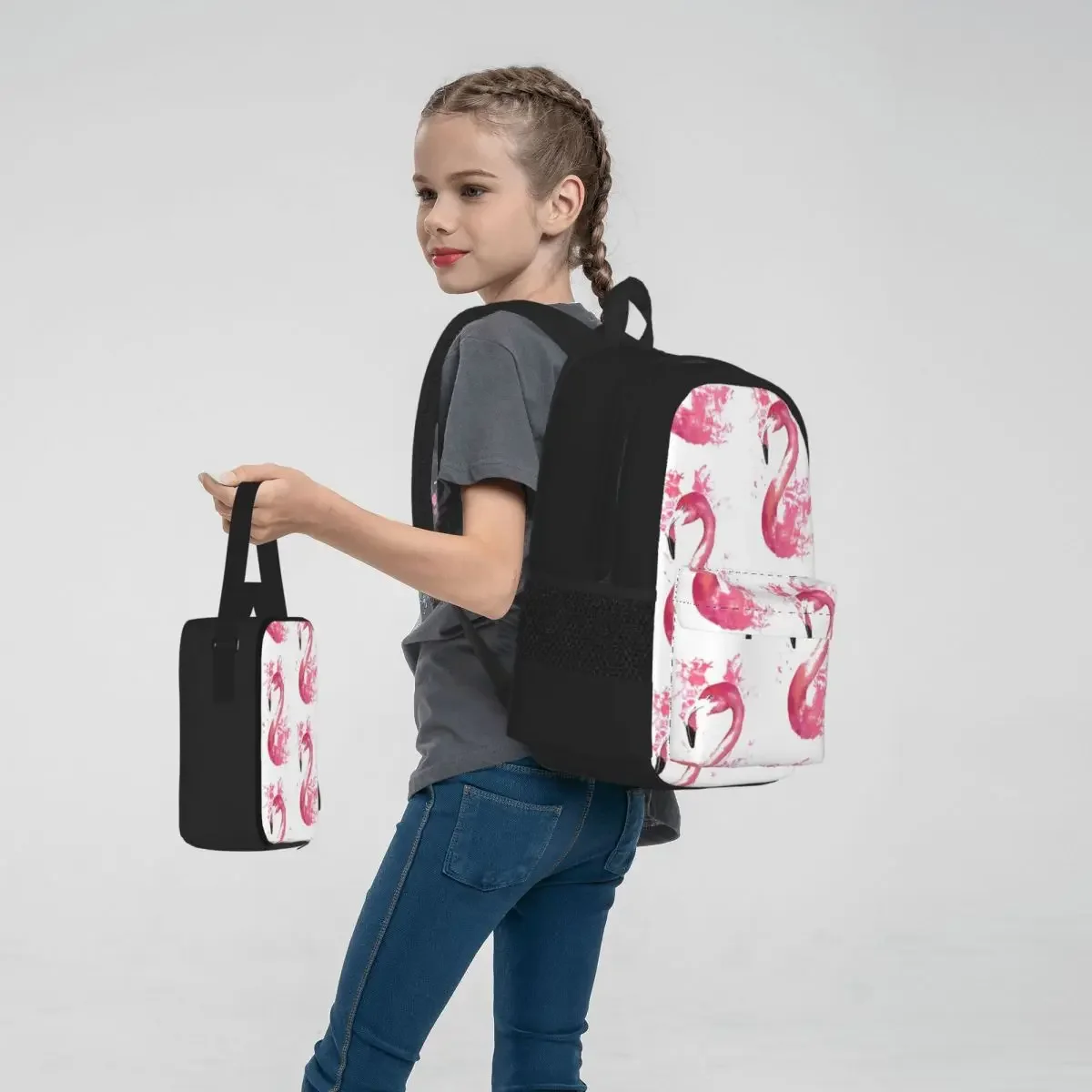 Pink Flamingo Watercolour Splash Artwork Backpacks Bookbag Children School Bags Rucksack Lunch Bag Pen Bag Three-Piece Set