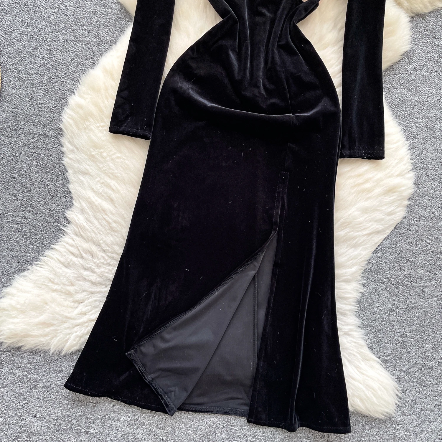 Seksowna, elegancka sukienka z weluru, asymetryczna, z siateczką, szykowna, vintage, damska, codzienna, odzież damska w stylu high street.